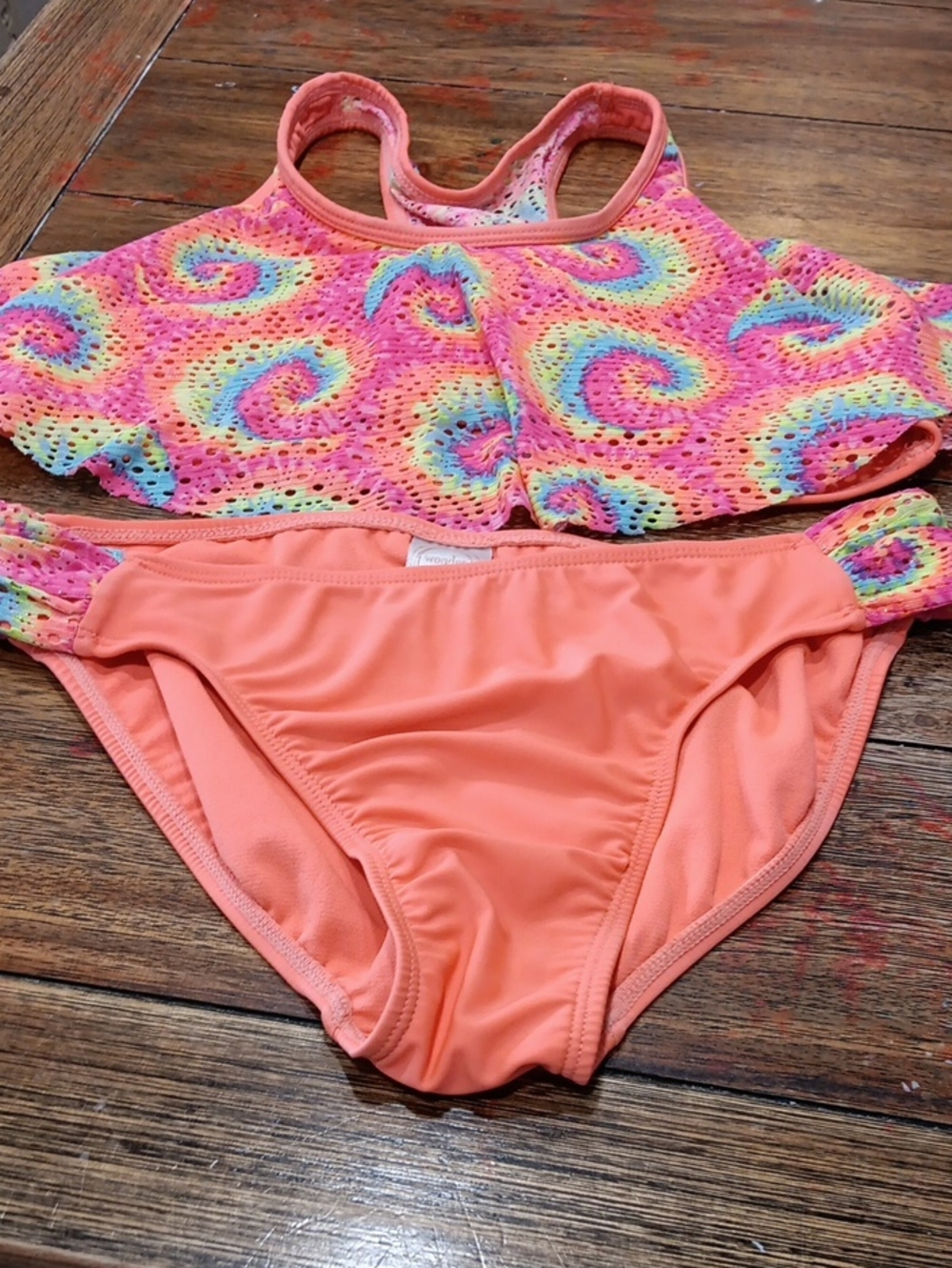 wonder nation Coral Bikini Set with Rainbow Swirl Mesh Top